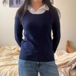 Navy Sweater with Built-In Blouse Collar